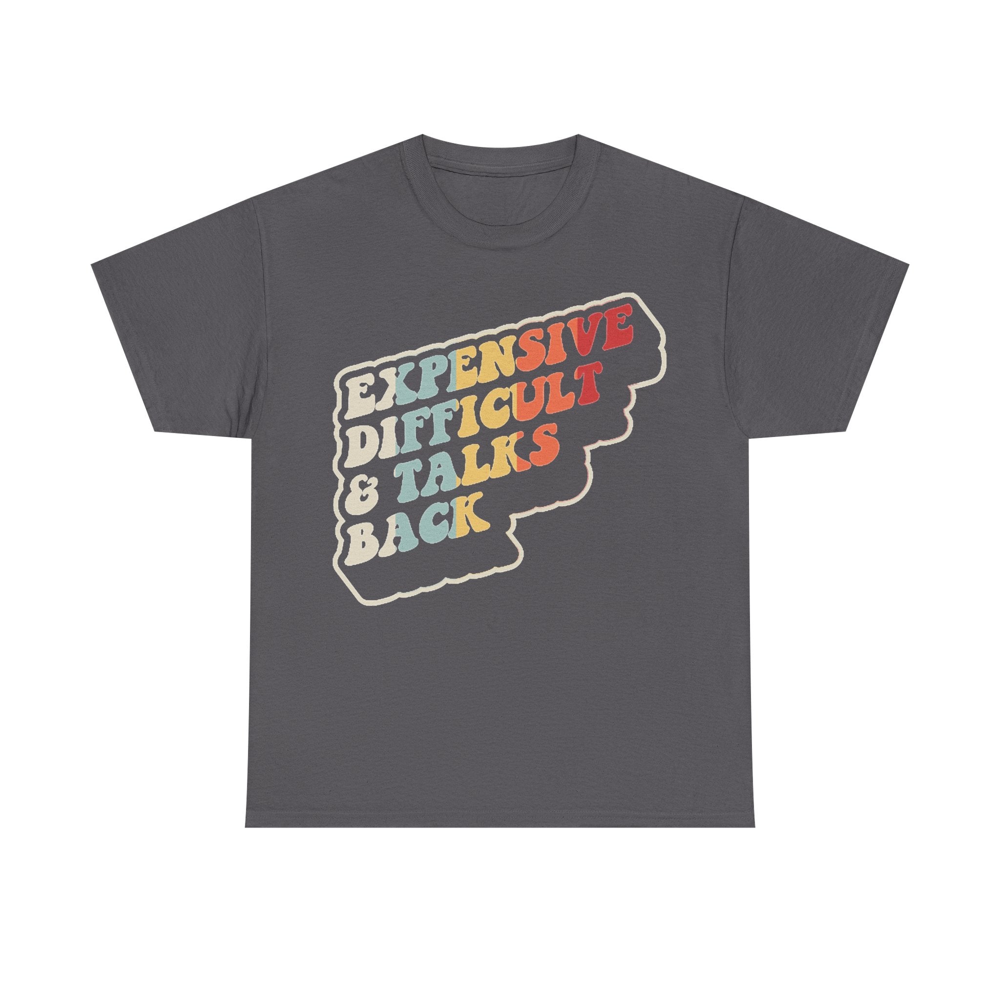 T-shirt in dark gray with retro rainbow-outlined text reading EXPENSIVE DIFFICULT & TALKS BACK on front