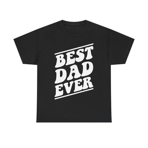 Black T-shirt with retro, distressed white typography reading BEST DAD EVER inside a slanted rectangle.