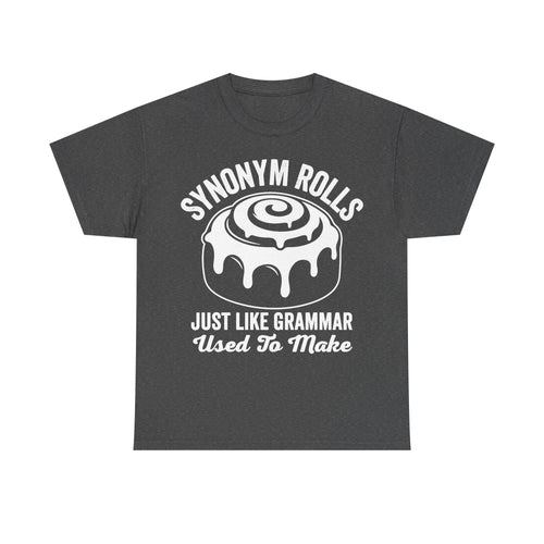 T-Shirt, charcoal gray with white circular Synonym Rolls text and melting skull graphic.