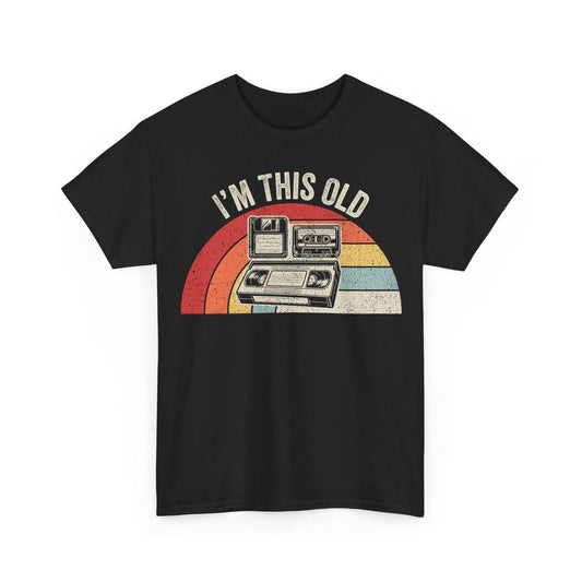 Vintage "I'm This Old" retro computer tee with faded rainbow and nostalgic tech design