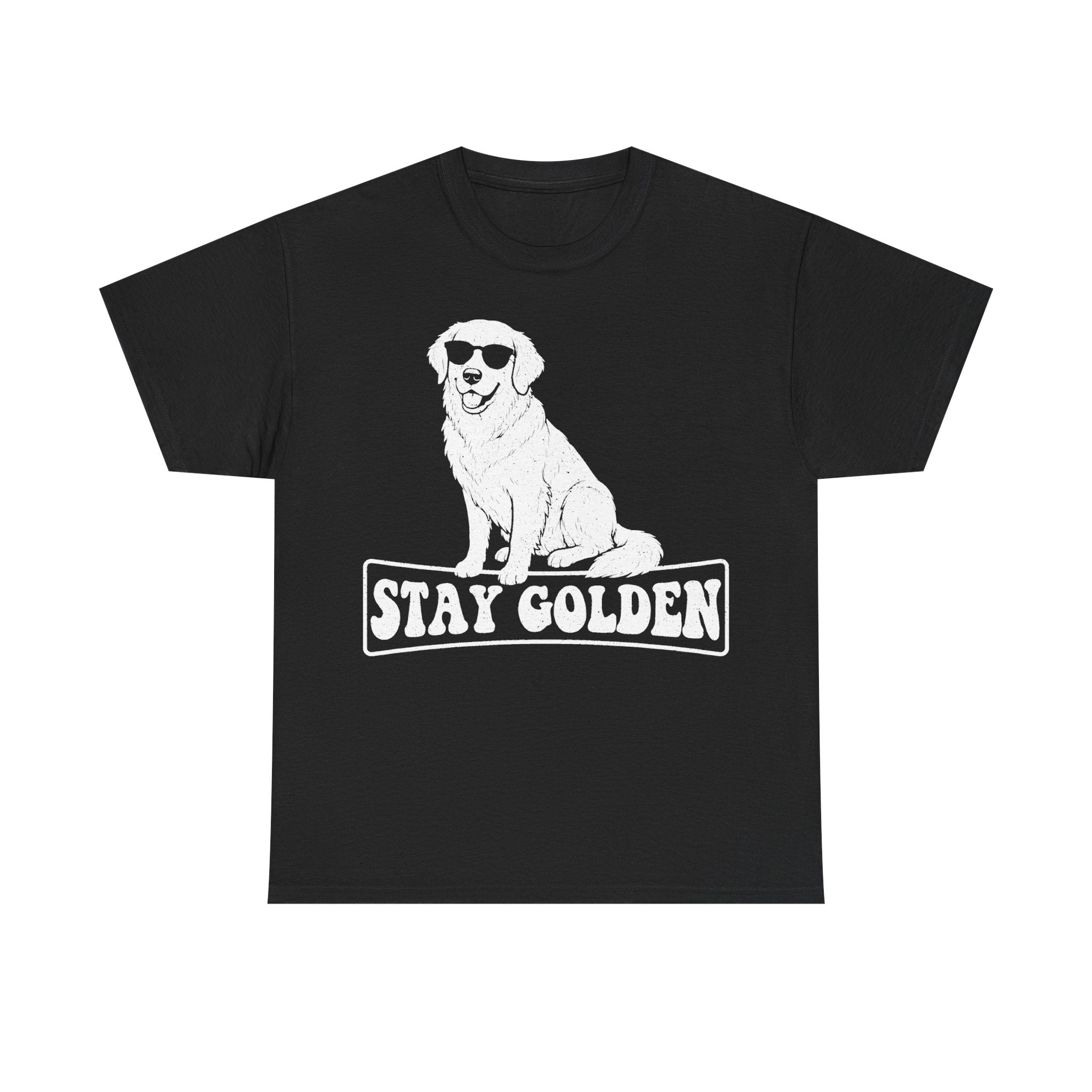 T-shirt, black, with a white retro-styled golden retriever wearing sunglasses and Stay Golden text.