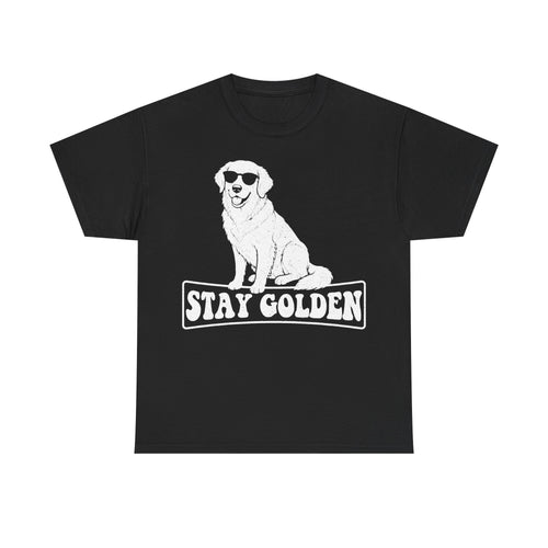 T-shirt, black, with a white retro-styled golden retriever wearing sunglasses and Stay Golden text.