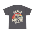 Graphic T-shirt in charcoal gray with Unpaid Movie Critic text and retro camera illustration