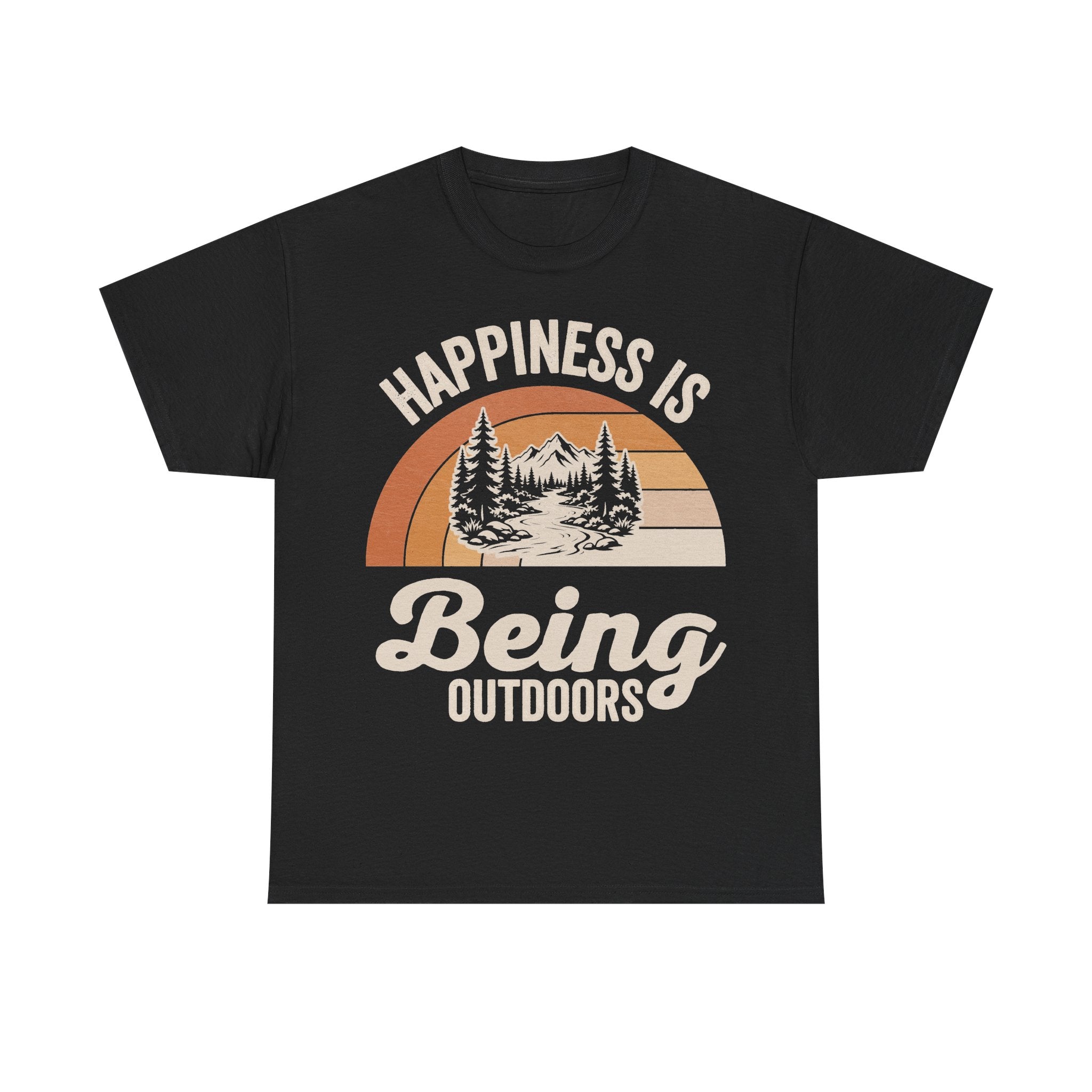 Black T-shirt with retro circular sunset landscape, mountains and trees; Happiness Is Outdoors