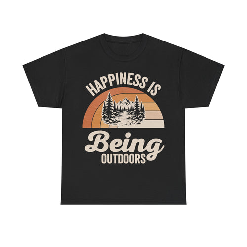 Black T-shirt with retro circular sunset landscape, mountains and trees; Happiness Is Outdoors
