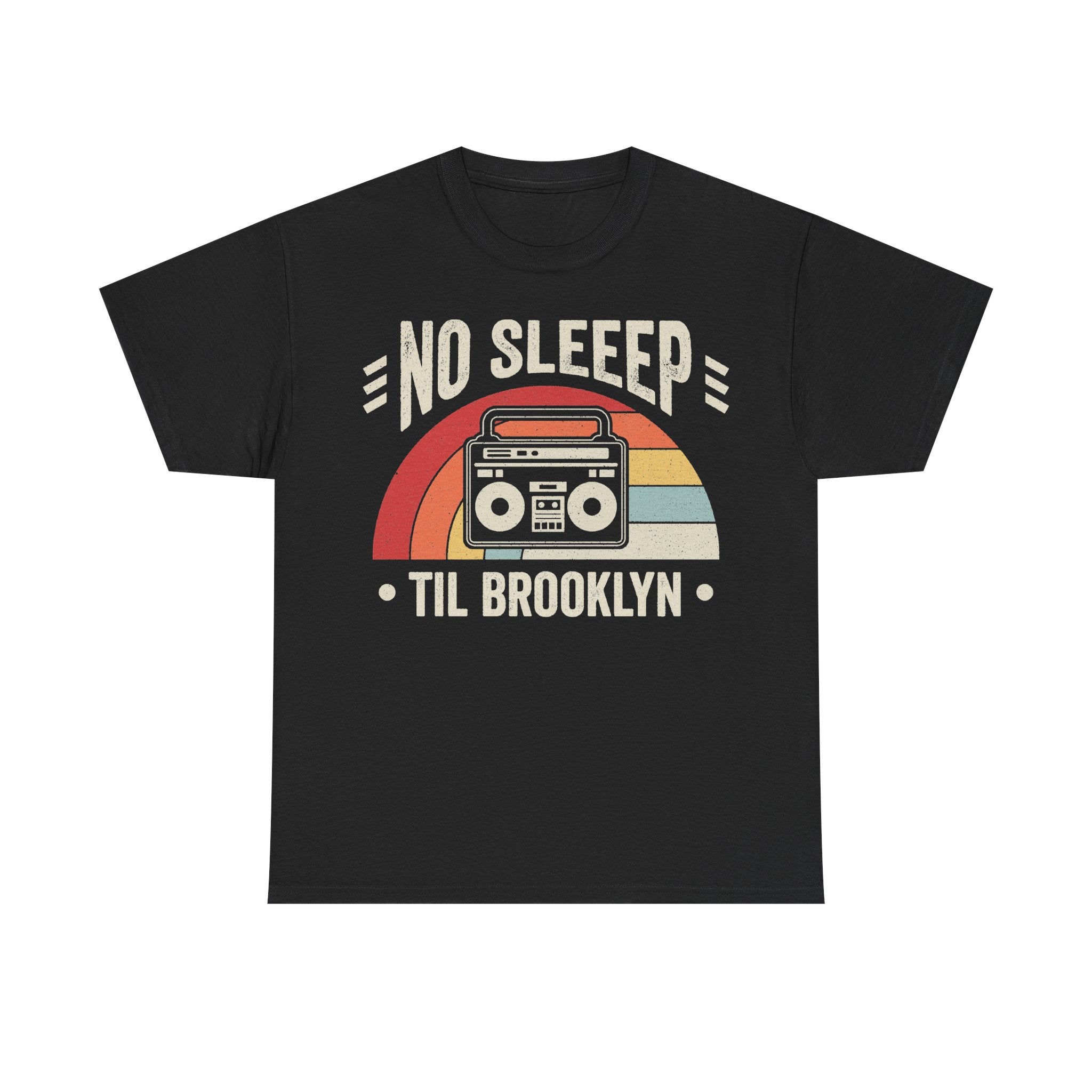 Black t-shirt featuring retro rainbow arc with a boombox and the NO SLEEP TILL BROOKLYN text