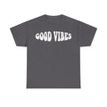 Black T-shirt with distressed white GOOD VIBES print across the chest in retro style