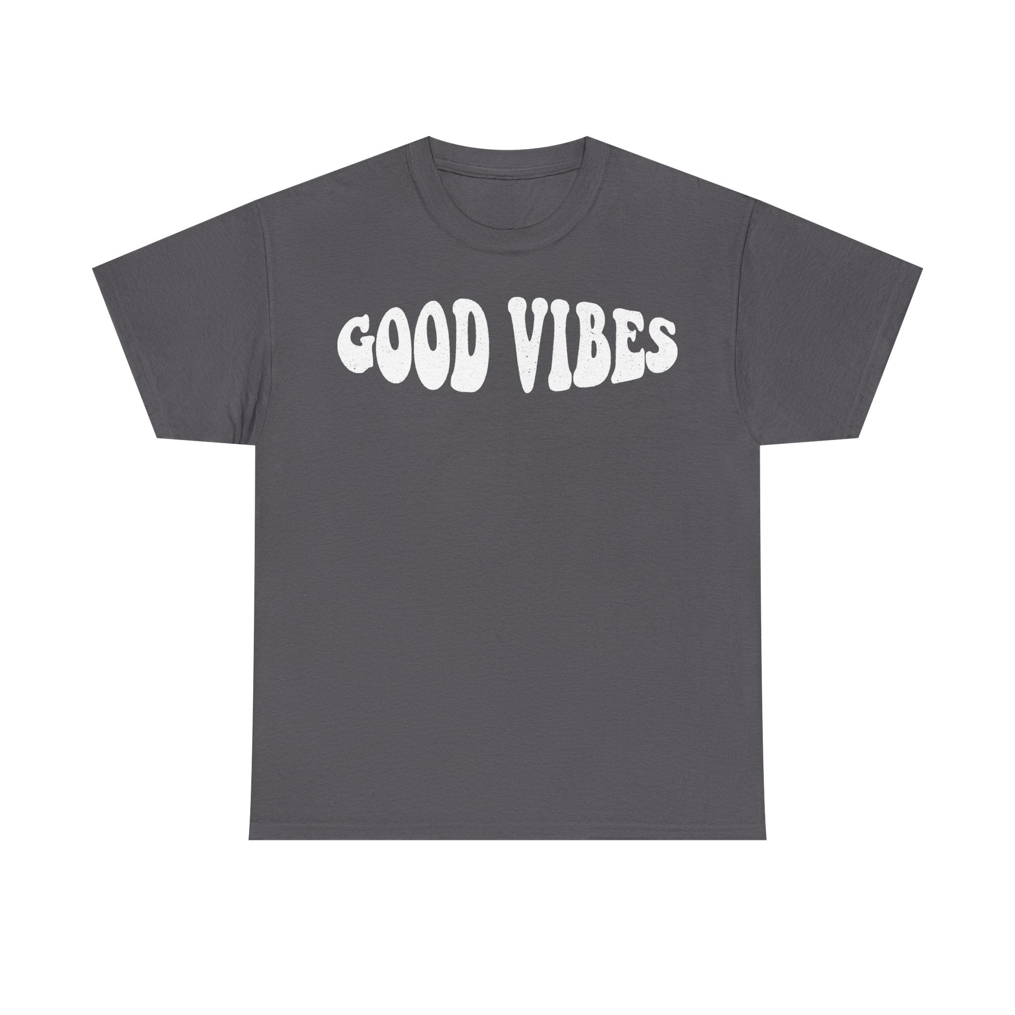 Black T-shirt with distressed white GOOD VIBES print across the chest in retro style