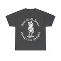 Black T-shirt with a white circular text design around a frog in a bow tie holding a coffee mug.