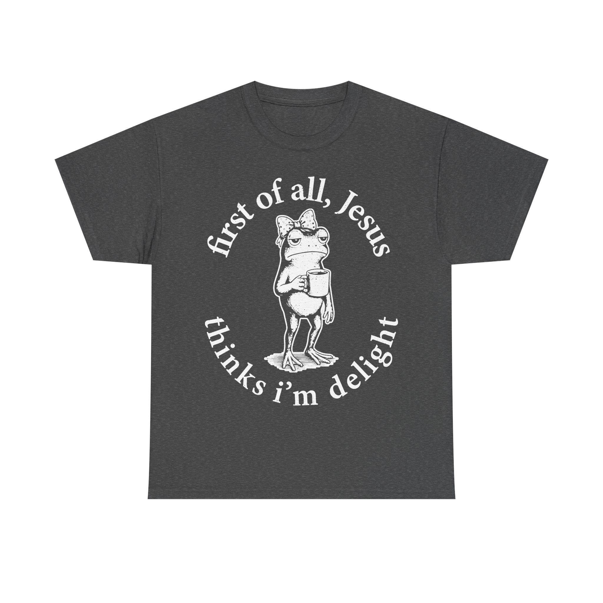 Black T-shirt with a white circular text design around a frog in a bow tie holding a coffee mug.