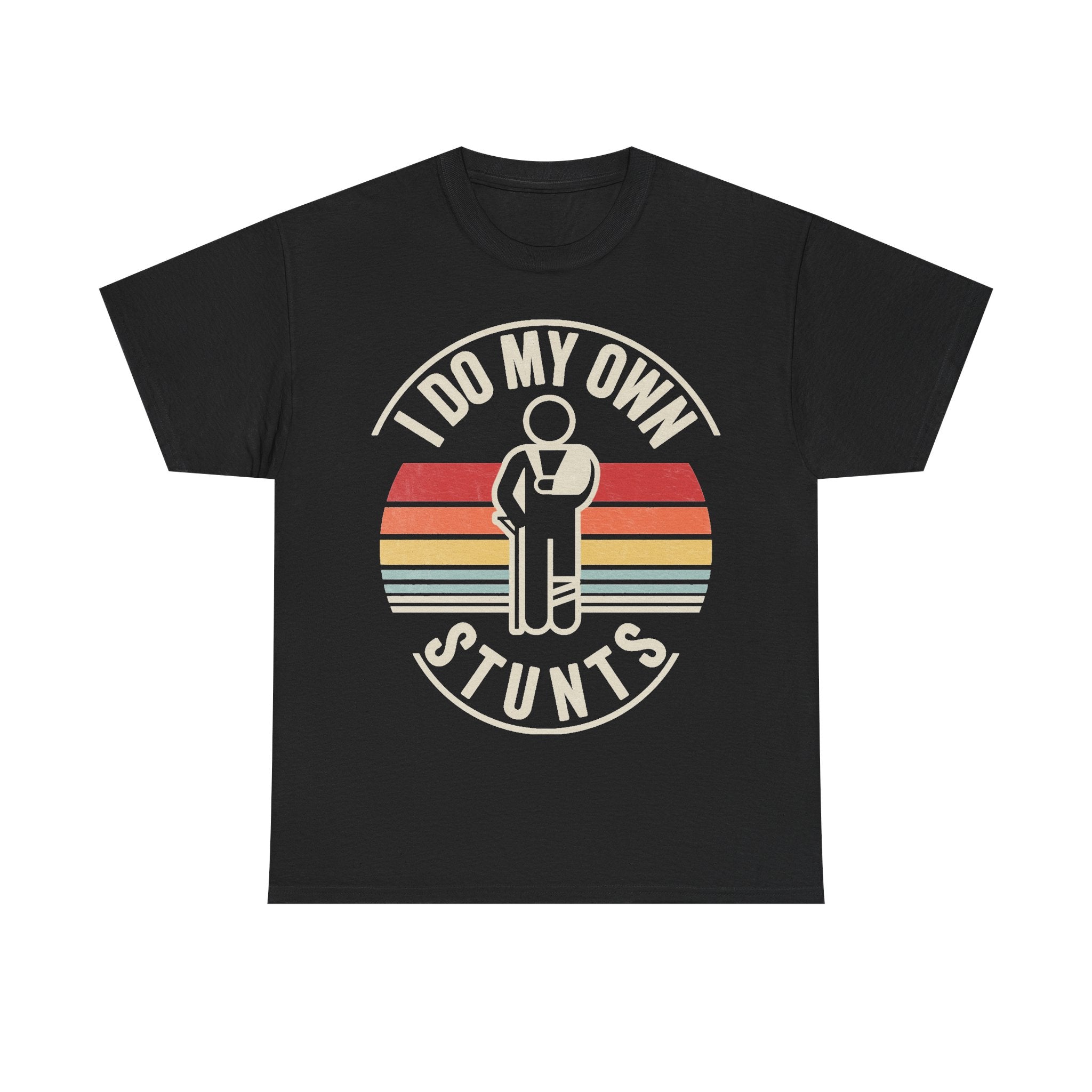T-shirt, black, unisex, vintage sunset circle with I DO MY OWN STUNTS text and rainbow stripes.