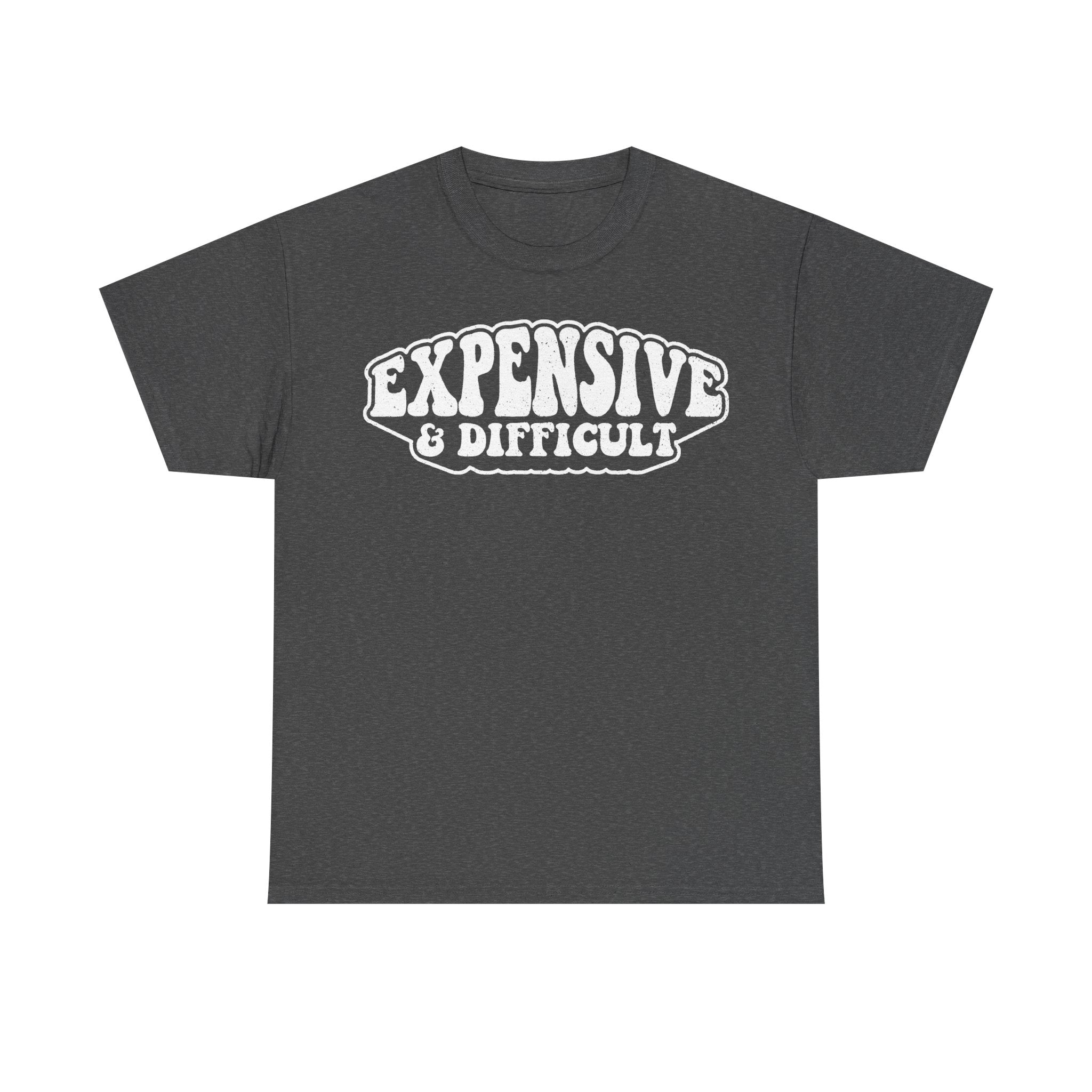 T-shirt in dark heather gray with white distressed EXPENSIVE & DIFFICULT badge typography in retro vintage style.