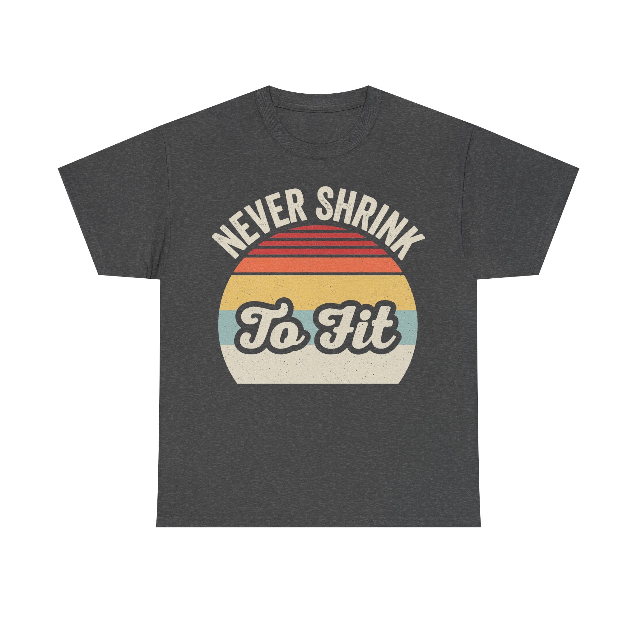 T-shirt with Never Shrink To Fit vintage retro sunset graphic on charcoal heather.