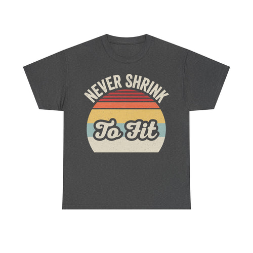 T-shirt with Never Shrink To Fit vintage retro sunset graphic on charcoal heather.