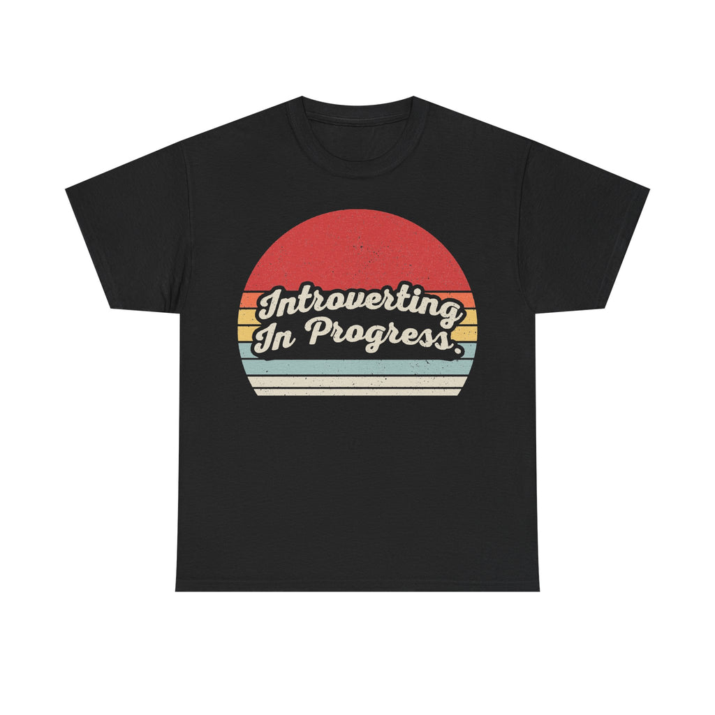 T-shirt, black with retro sunset graphic and Introverting In Progress text