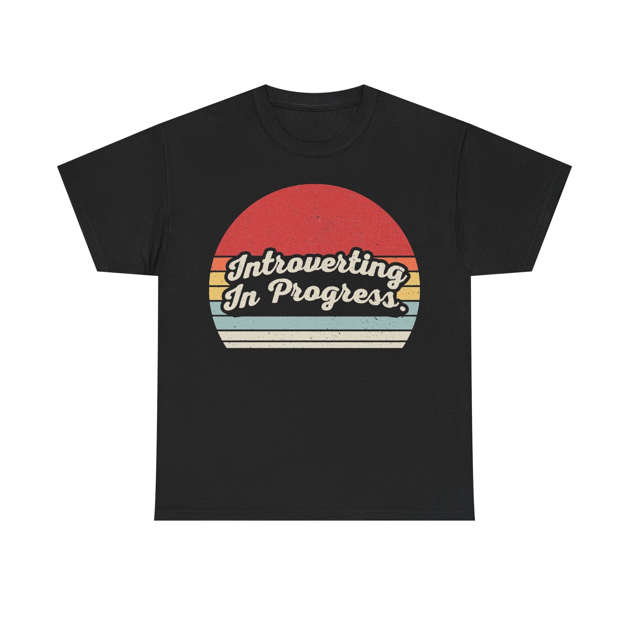 T-shirt, black with retro sunset graphic and Introverting In Progress text