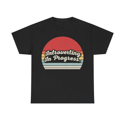 T-shirt, black with retro sunset graphic and Introverting In Progress text