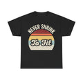 Black t-shirt with retro sunset graphic and 'Never Shrink To Fit' text, Printify.