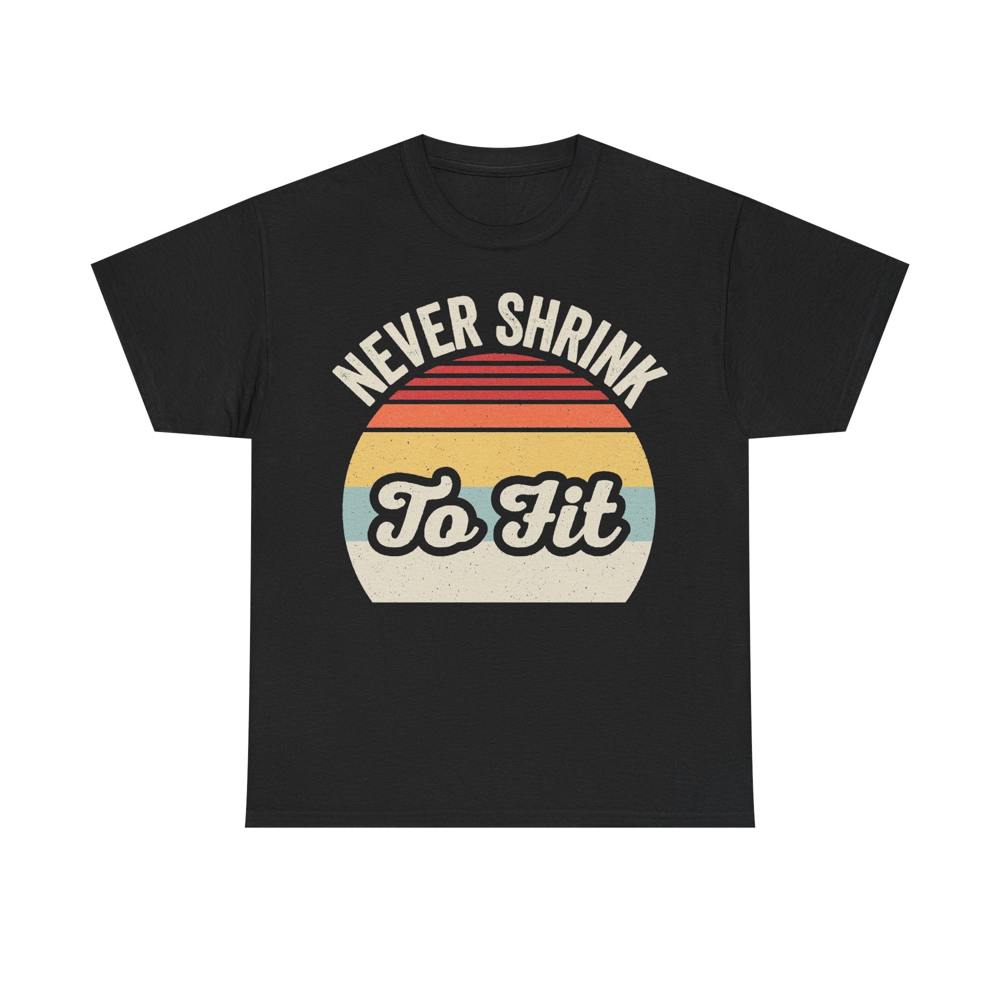 Black t-shirt with retro sunset graphic and 'Never Shrink To Fit' text, Printify.