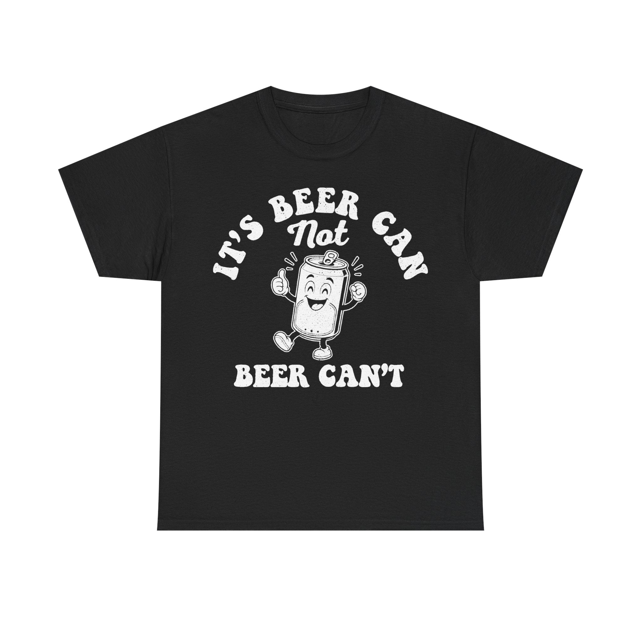 Black T-shirt with white distressed graphic of a smiling beer can mascot and curved text.