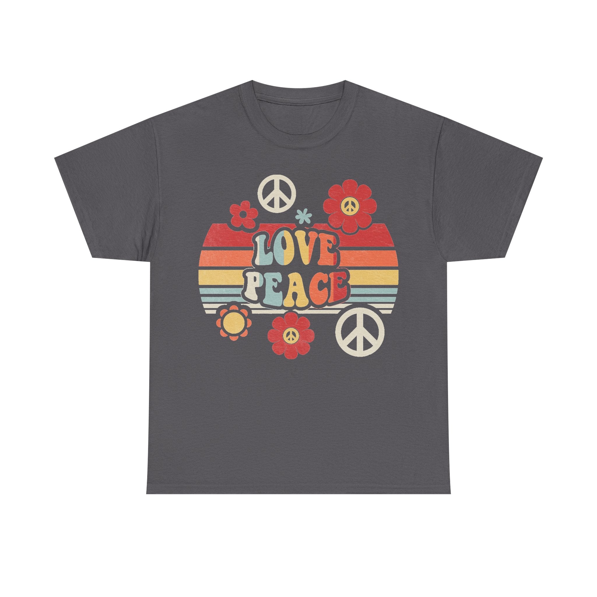 T-shirt with vintage hippie graphic on dark gray fabric, featuring peace symbols, red flowers and retro stripes.