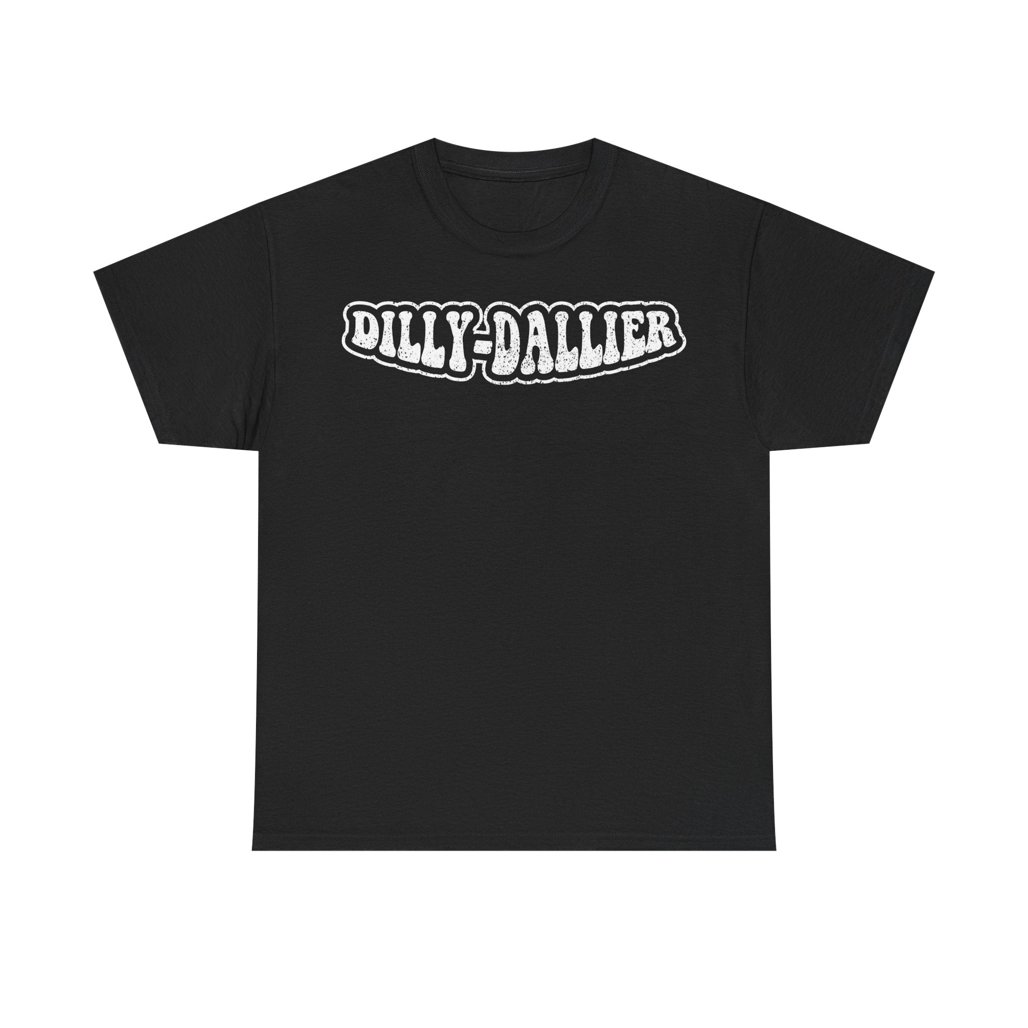 Dilly-Dallier Graphic Tee — Retro Bubble Text Black T-Shirt