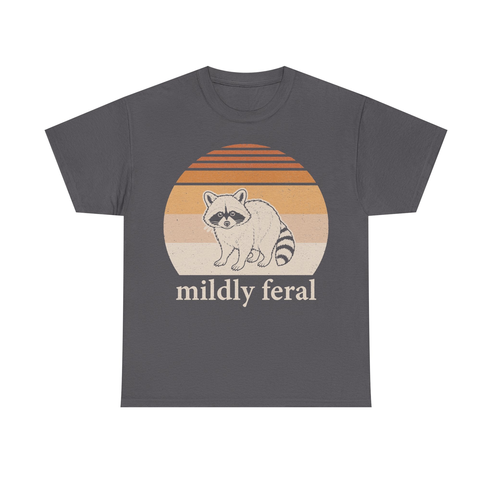 T-shirt in charcoal gray with a retro sunset arch behind a raccoon and the text mildly feral.