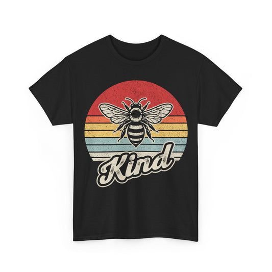 Kind Bee Retro Sunset T-Shirt with vintage bee and sunburst design featuring positive "Kind" message on cotton fabric