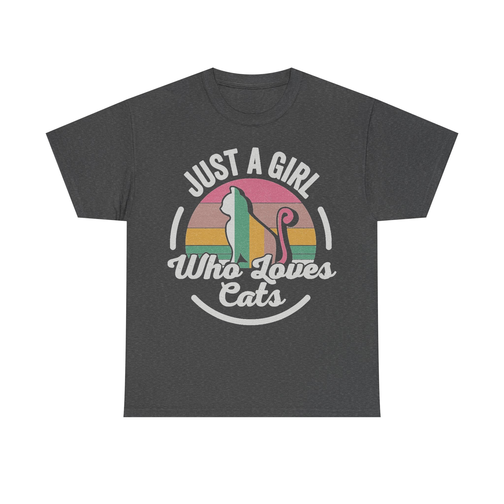 T-shirt in dark charcoal heather features a retro rainbow circle with a cat illustration and the text Just A Girl Who Loves Cats.