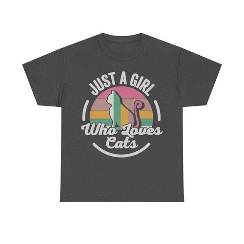 T-shirt in dark charcoal heather features a retro rainbow circle with a cat illustration and the text Just A Girl Who Loves Cats.
