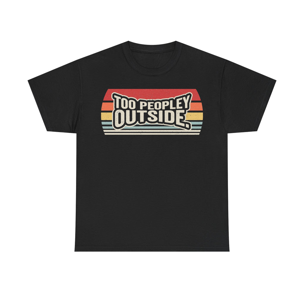 T-shirt black with retro sunset stripes and bold Too Peopley Outside text