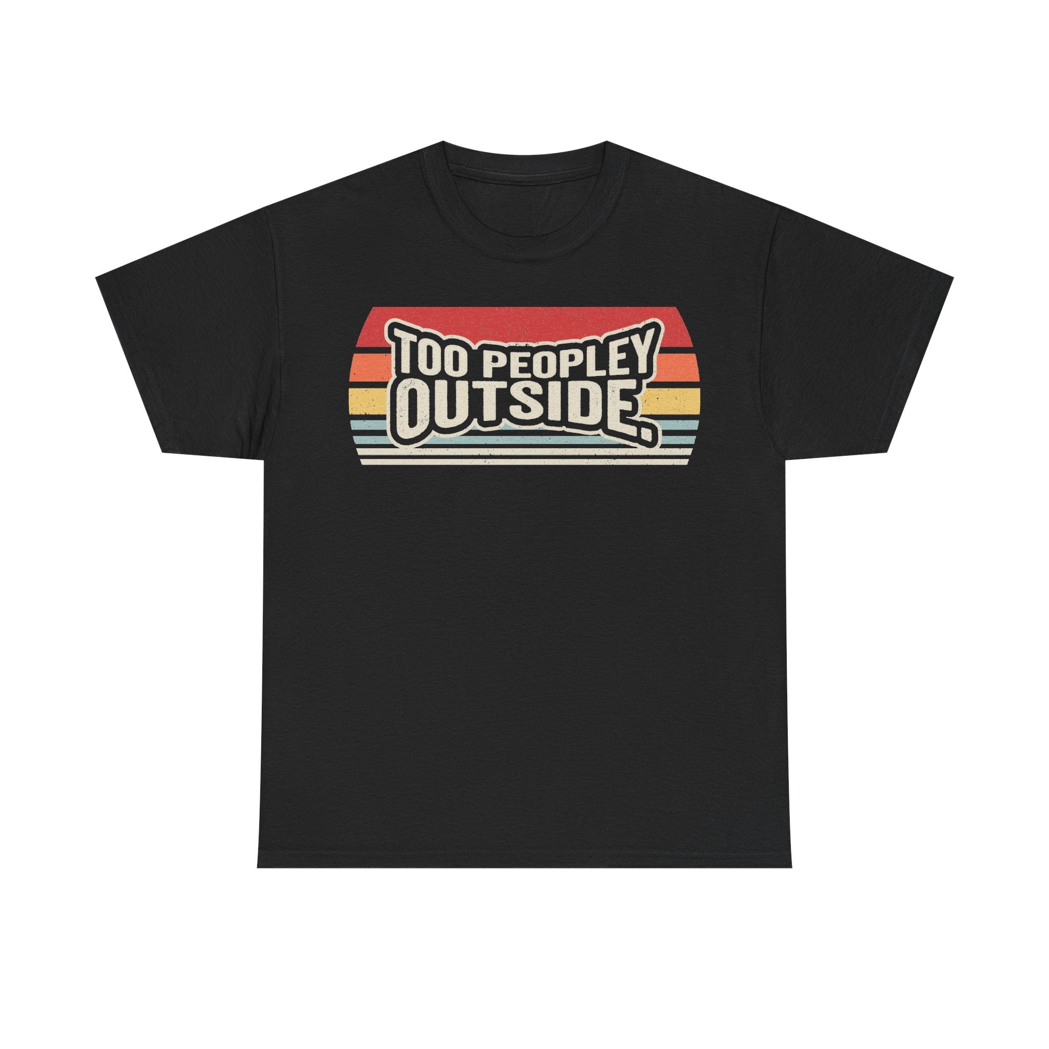 T-shirt black with retro sunset stripes and bold Too Peopley Outside text