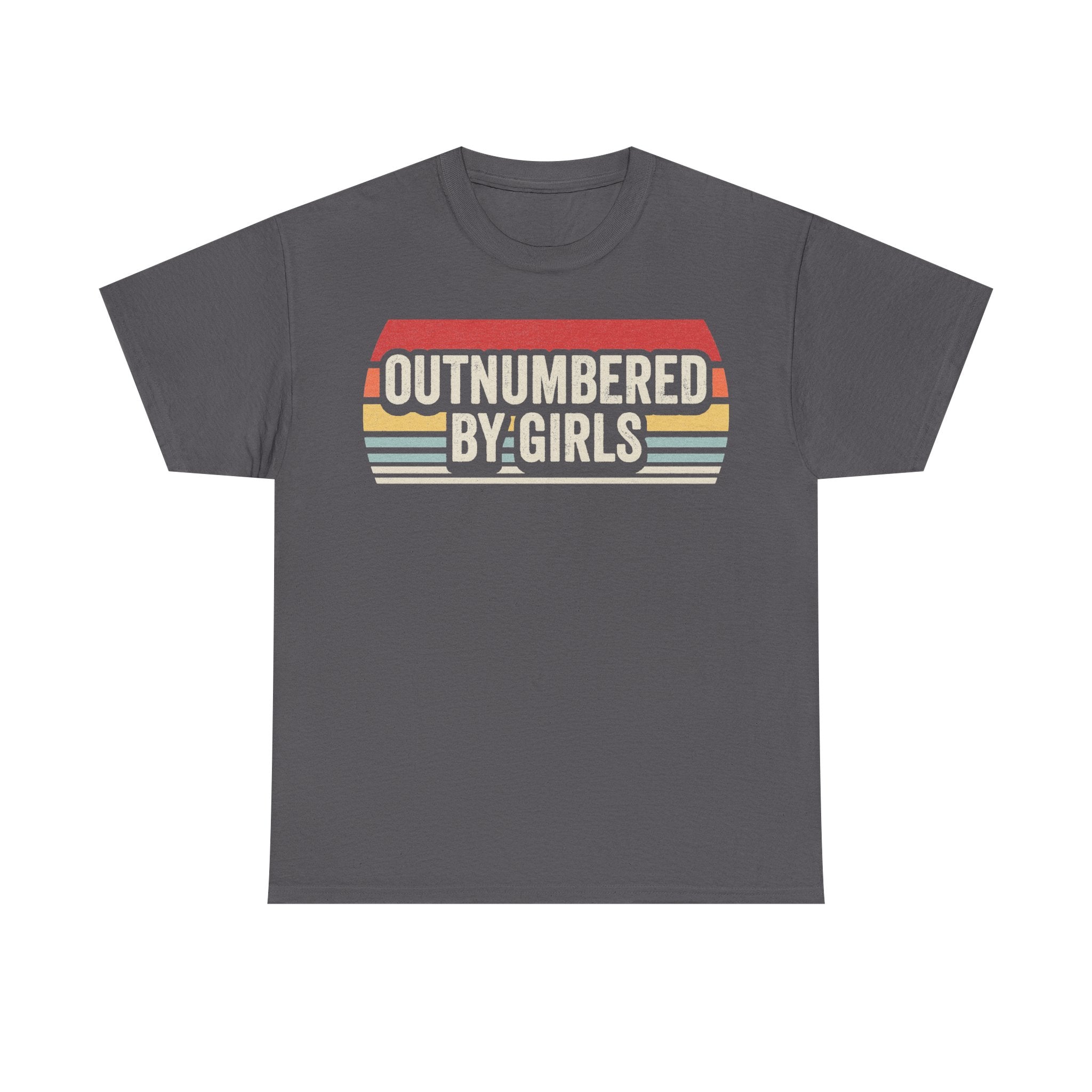 T-shirt with retro sunset color bars and OUTNUMBERED BY GIRLS typography on gray fabric