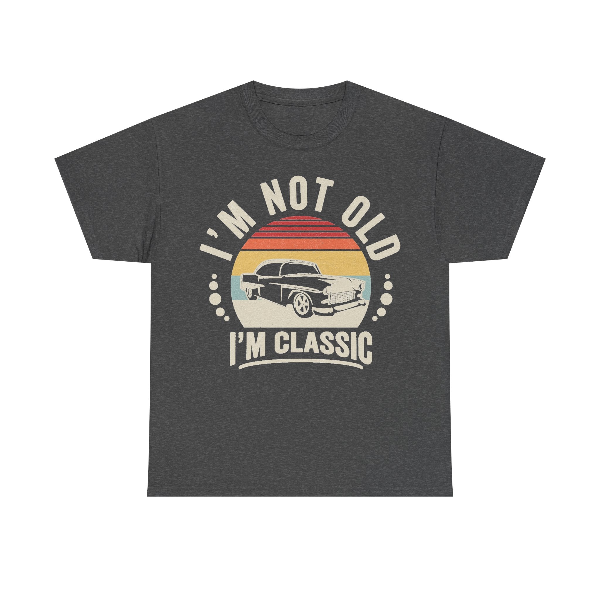 T-shirt in charcoal gray with a retro sunset circle and vintage car graphic, featuring the text I'M NOT OLD I'M CLASSIC