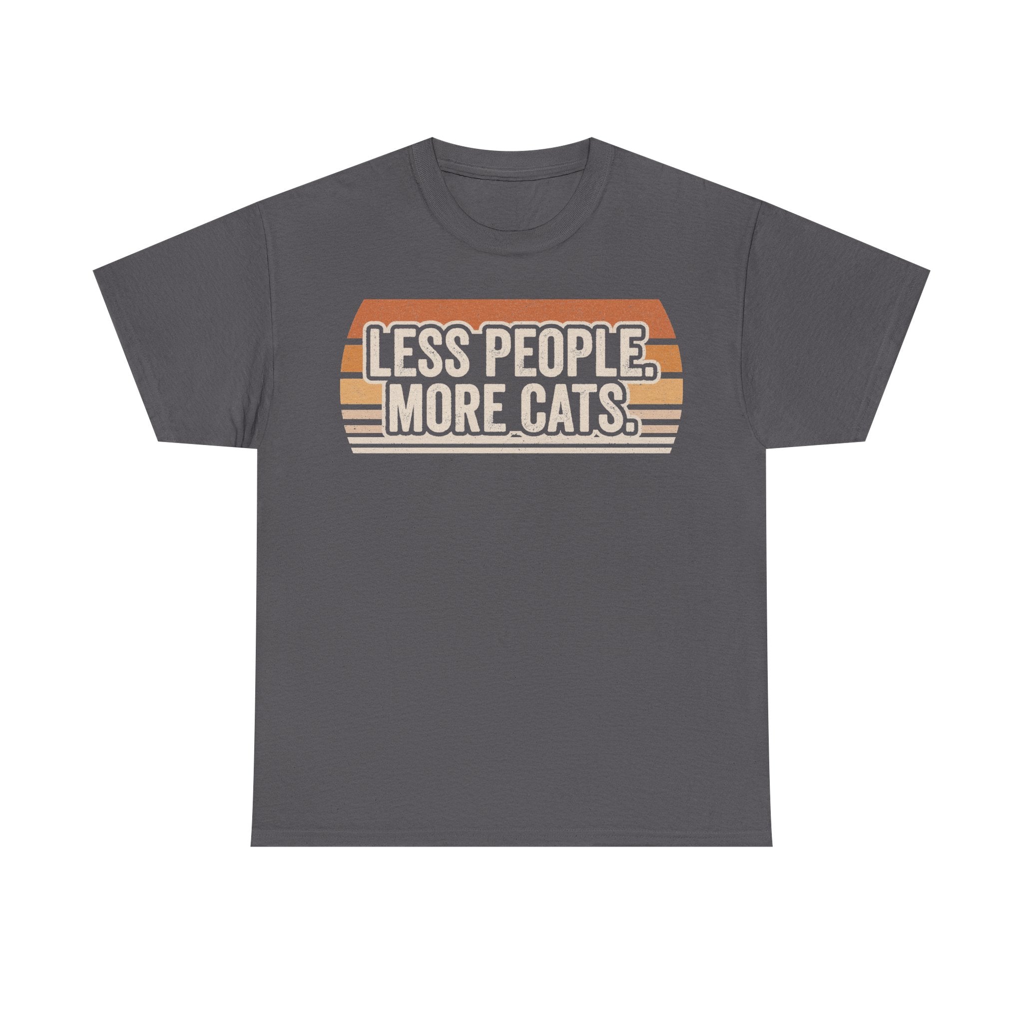 T-shirt with retro sunset graphic and the quote LESS PEOPLE. MORE CATS. on a gray shirt by Printify.