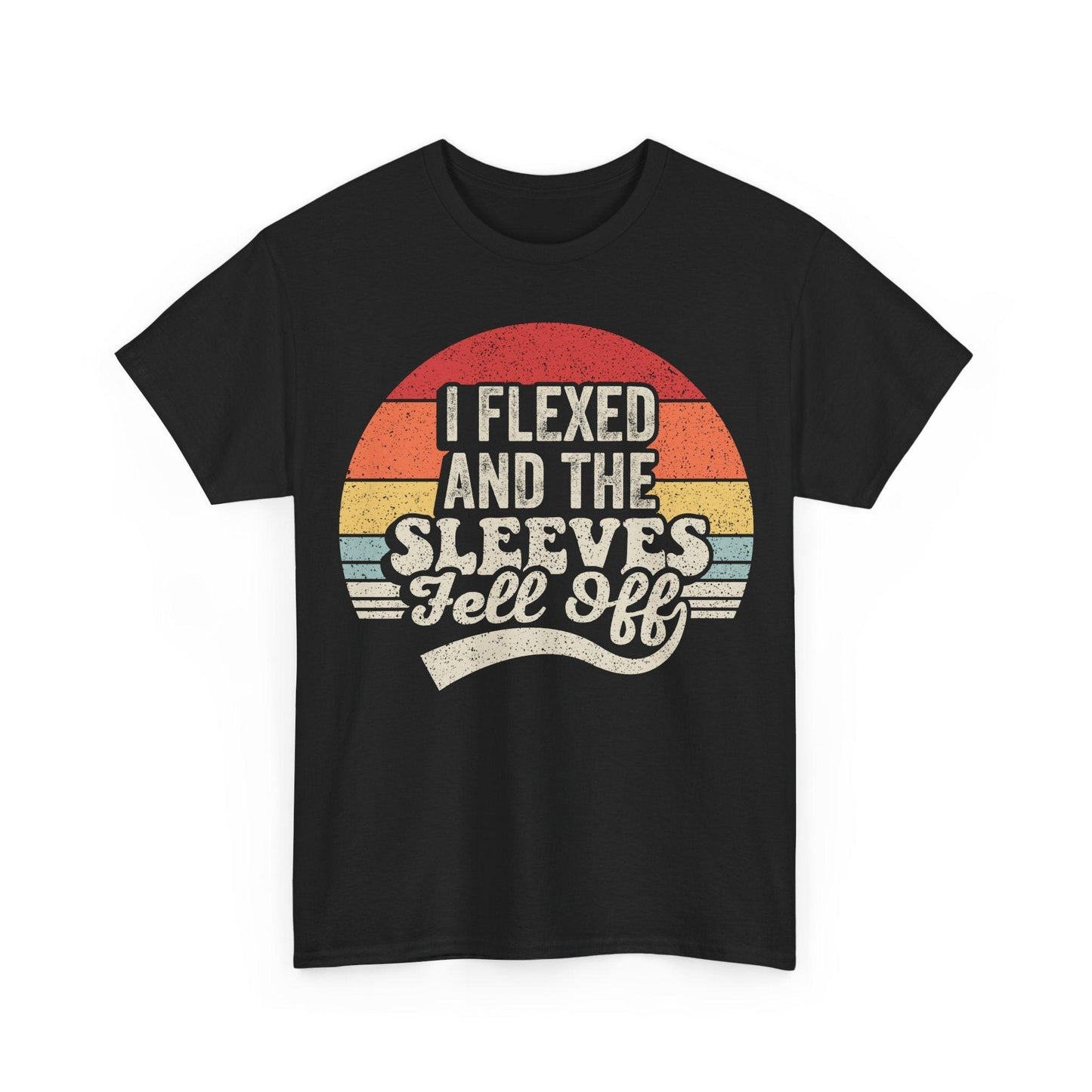 Retro vintage gym t-shirt with "I flexed and the sleeves fell off" sun-faded graphic on soft cotton fabric