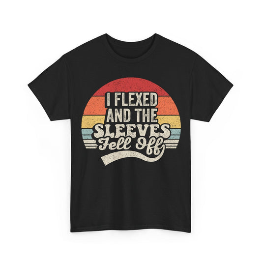 Retro vintage gym t-shirt with "I flexed and the sleeves fell off" sun-faded graphic on soft cotton fabric