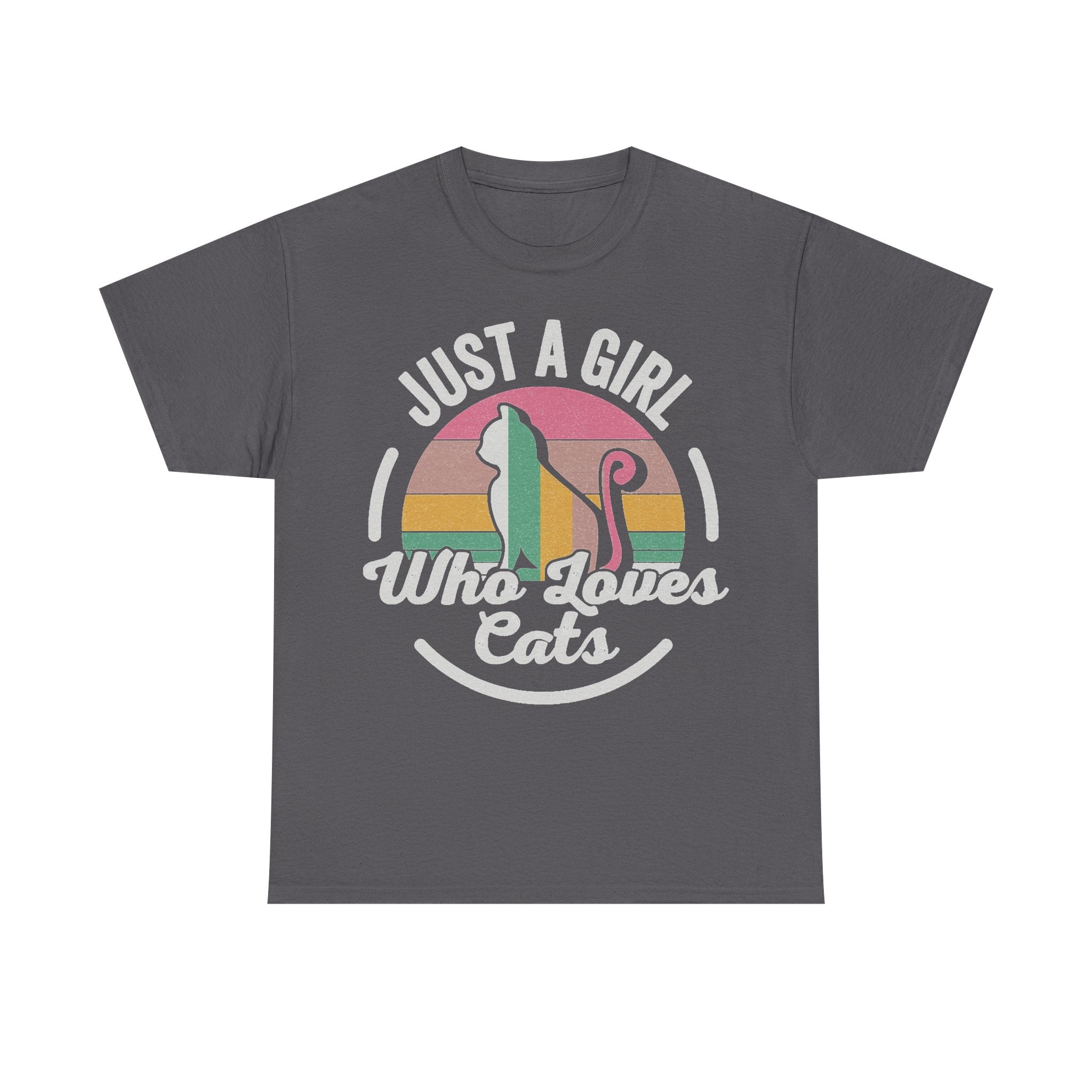 T-shirt in charcoal gray with a retro rainbow circle graphic and white curved text Just A Girl Who Loves Cats