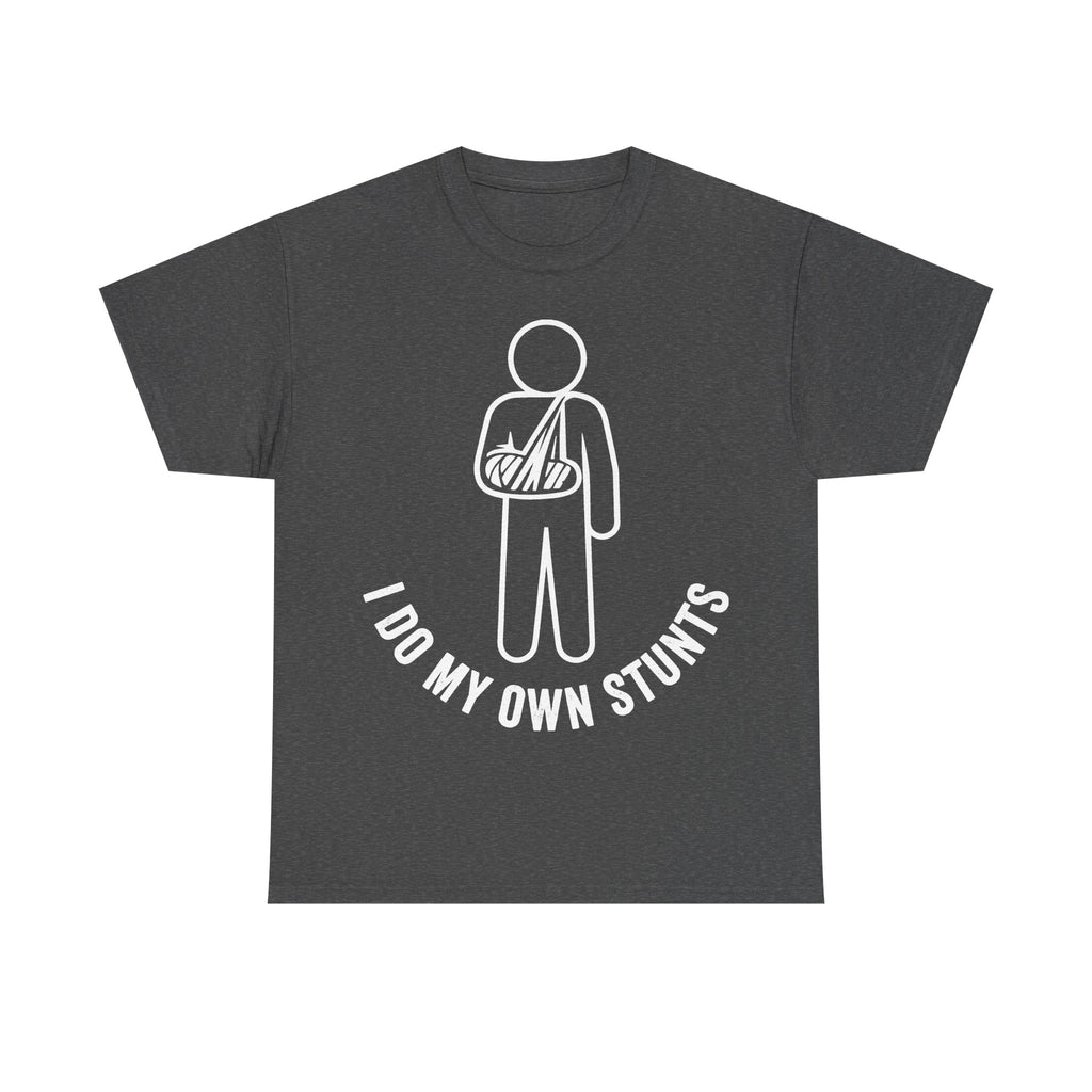 Dark gray unisex T-shirt with white minimalist line art of a person wearing a sling, and curved text I DO MY OWN STUNTS.