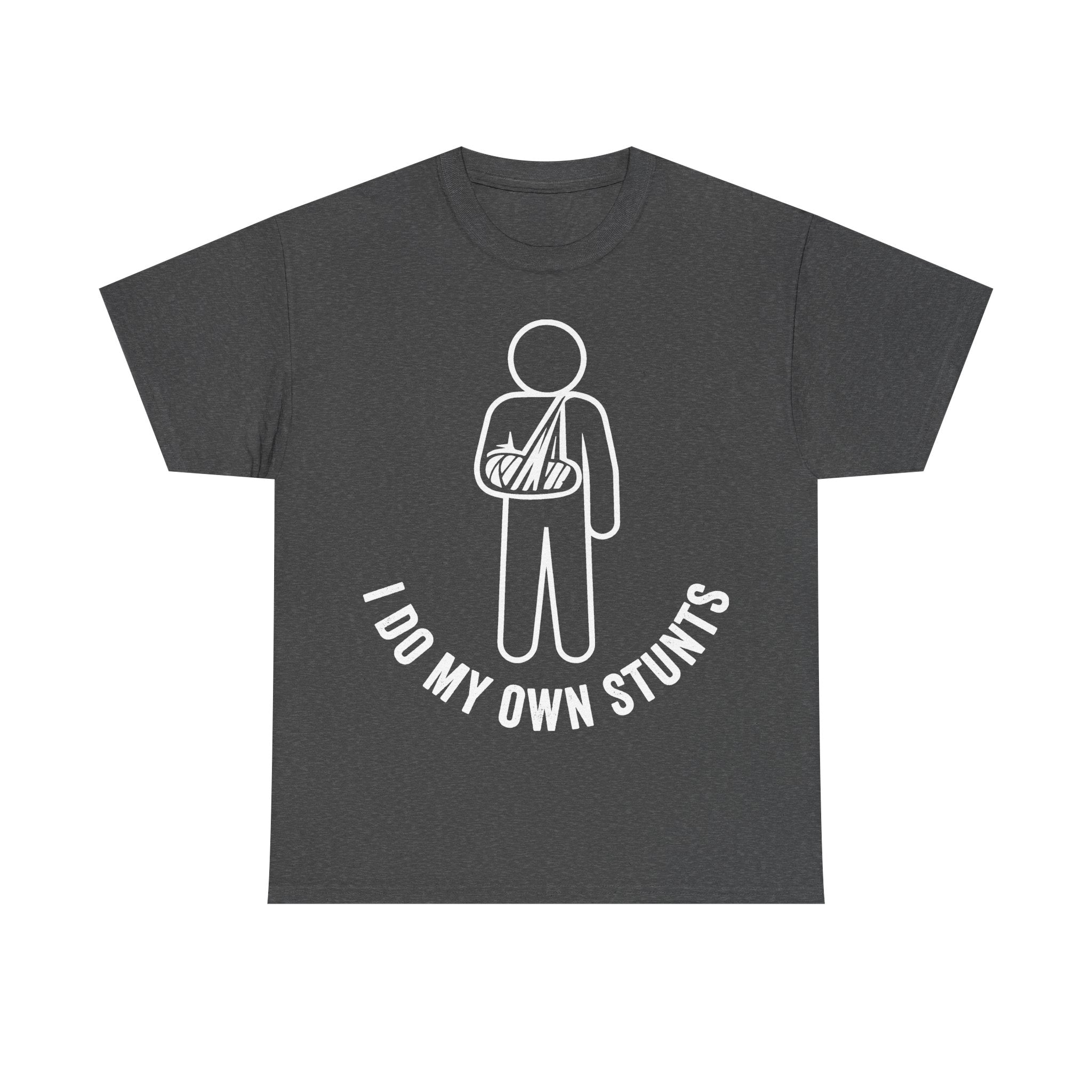 Dark gray unisex T-shirt with white minimalist line art of a person wearing a sling, and curved text I DO MY OWN STUNTS.
