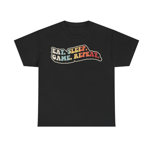 T-shirt, black, unisex; front graphic reads EAT. SLEEP. GAME. REPEAT. in retro multicolor.