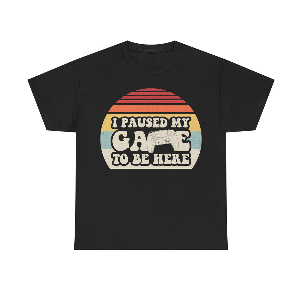 I Paused My Game To Be Here Retro Gamer Tee With Sunset Striped Circle And Controller