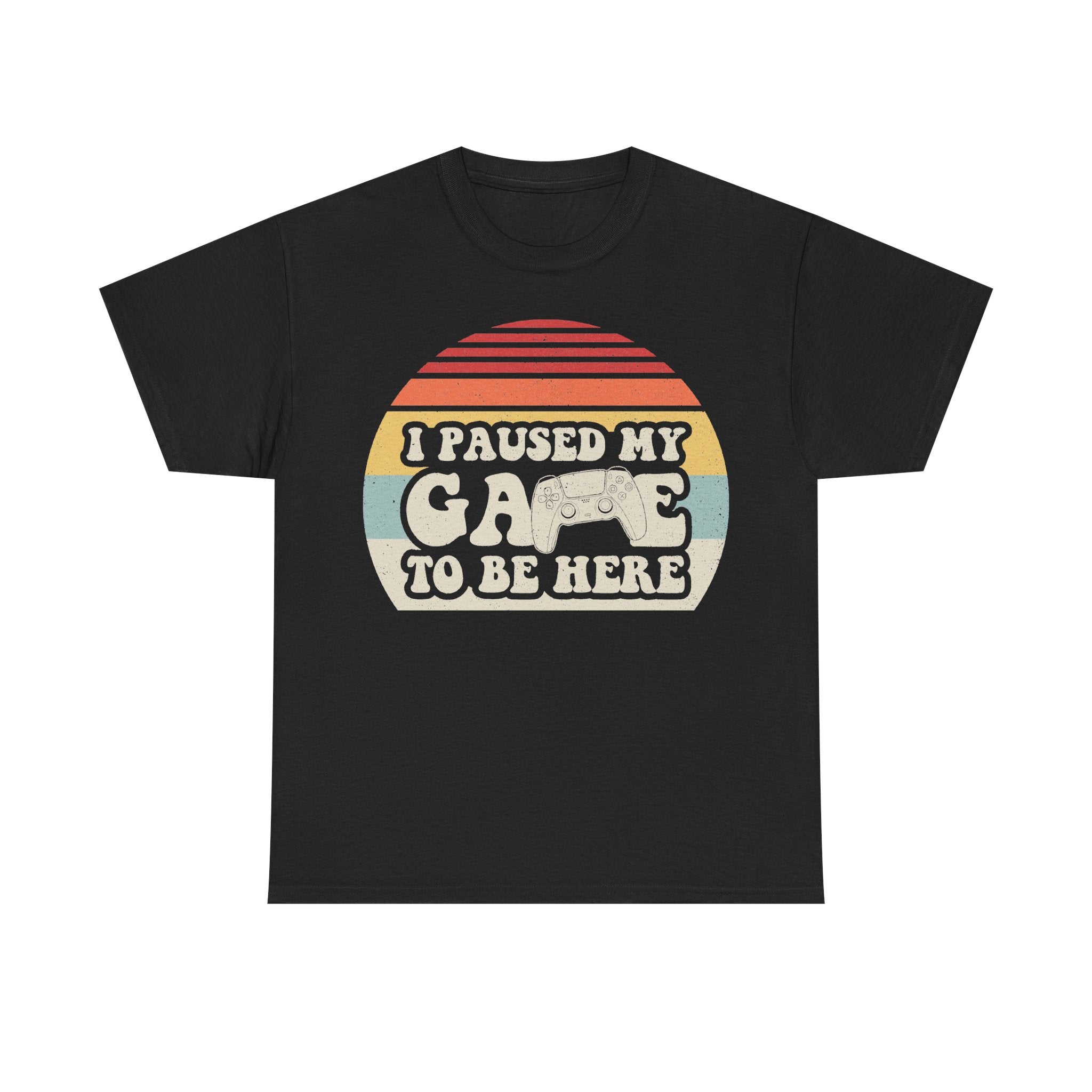 I Paused My Game To Be Here Retro Gamer Tee With Sunset Striped Circle And Controller