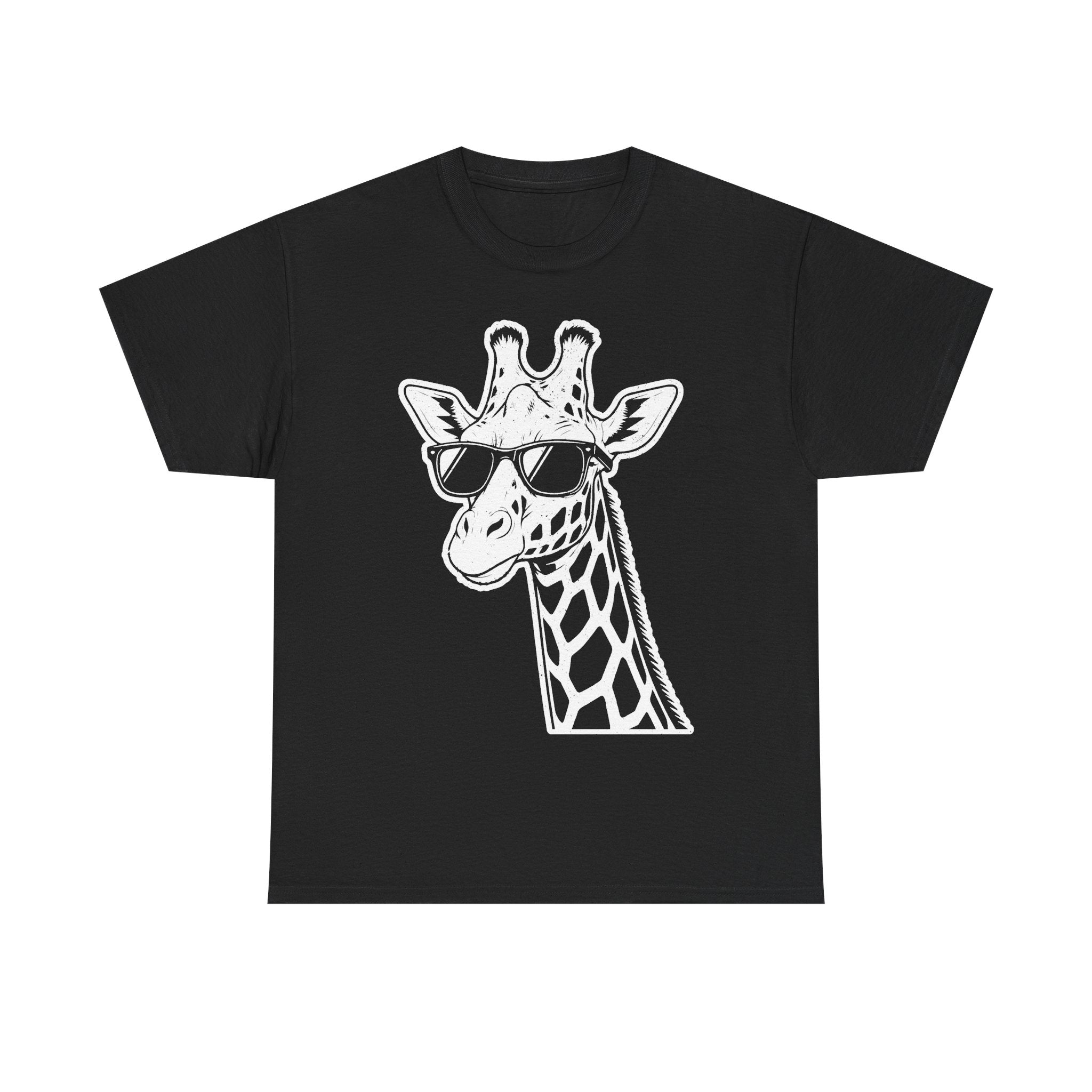 Giraffe With Sunglasses White Line Art On Black Shirt Tee For Animal Lovers Casual Wear