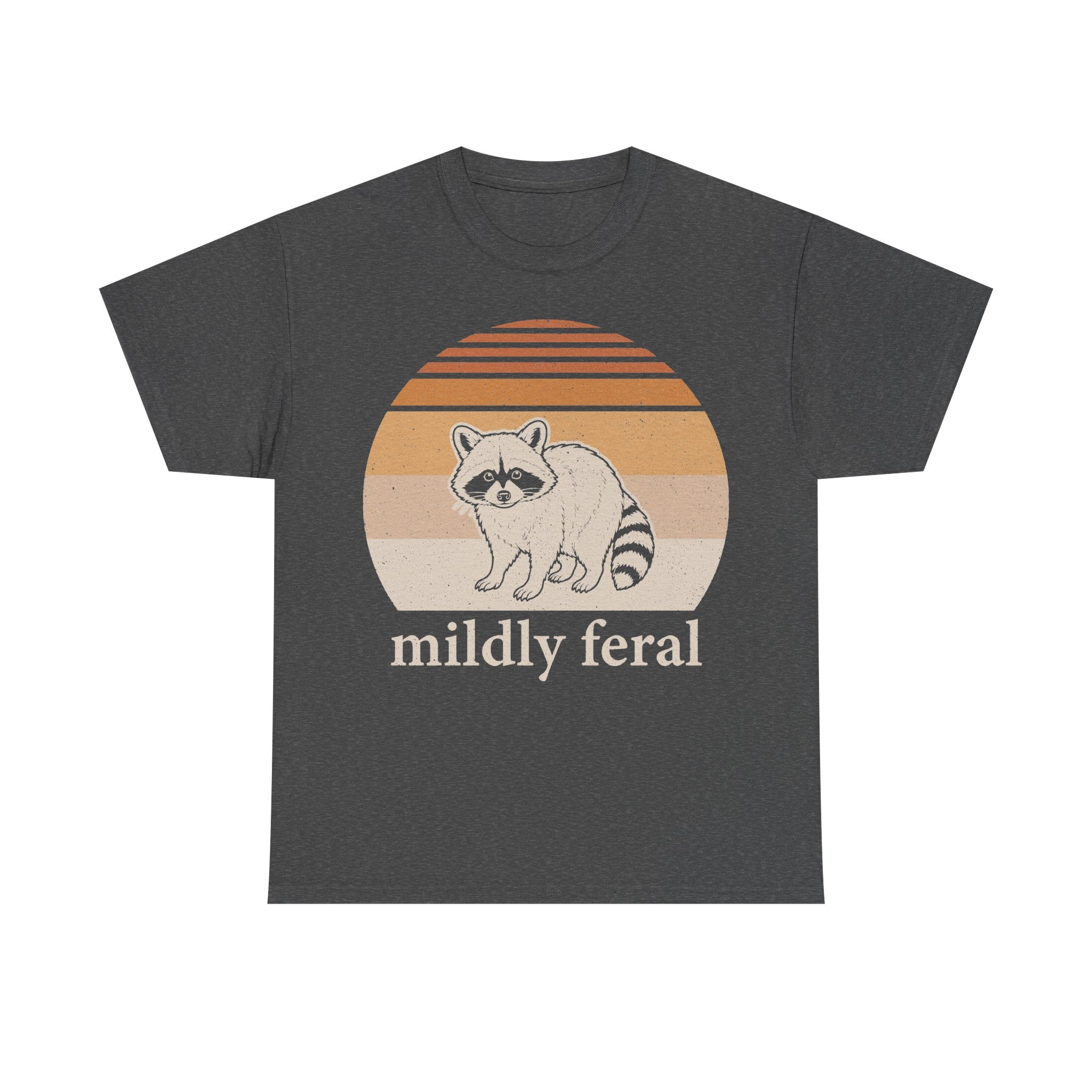 Charcoal gray T-shirt with a retro sunset arc behind a white raccoon and the text mildly feral.