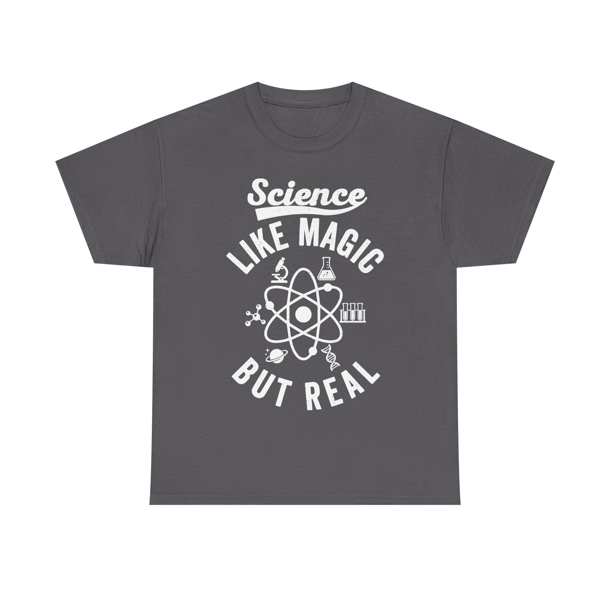 Graphic T-shirt in charcoal gray with white retro science print: Science Like Magic But Real, featuring atomic and lab icons.