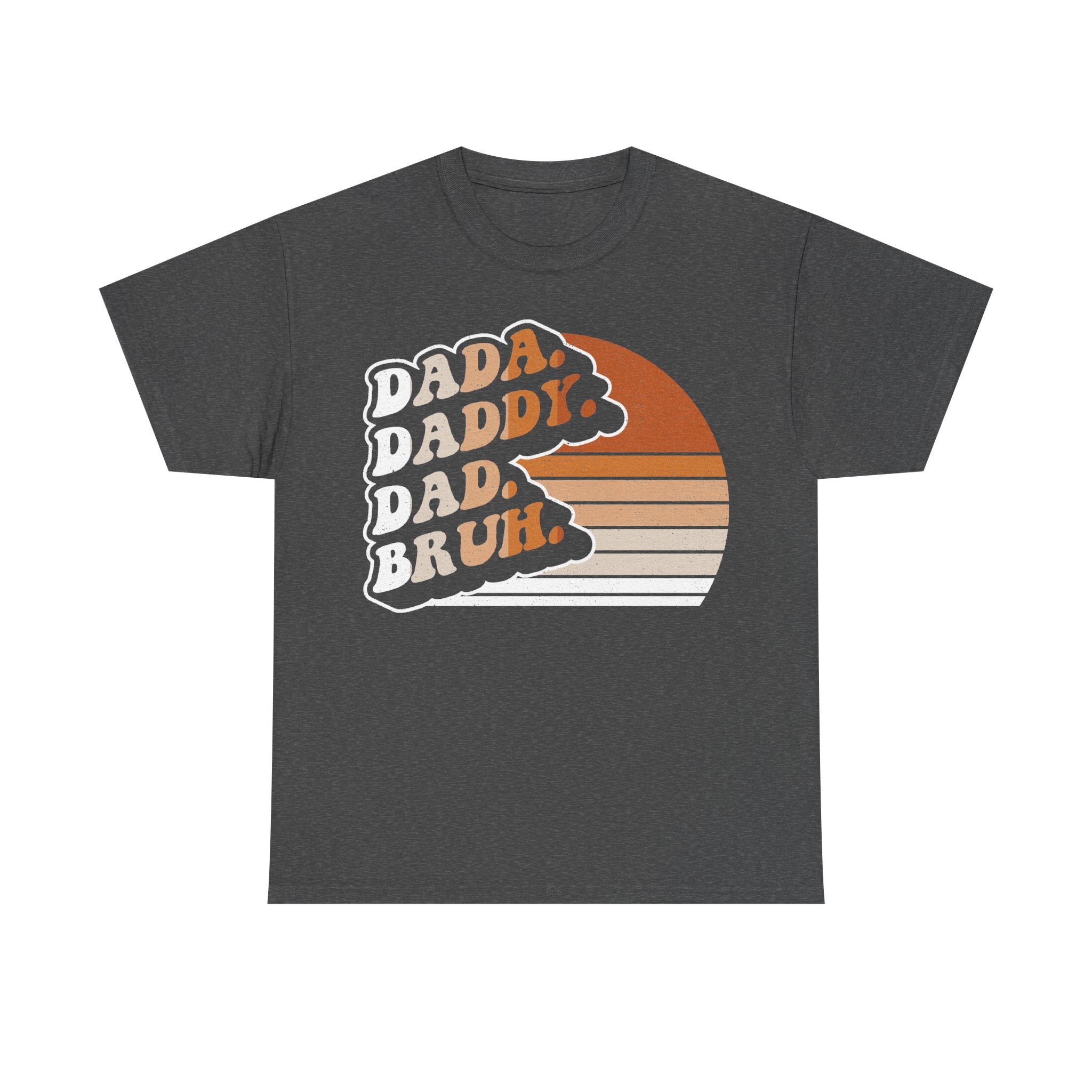 T-shirt in dark gray with retro sunset graphic and stacked DADA BRUH text.
