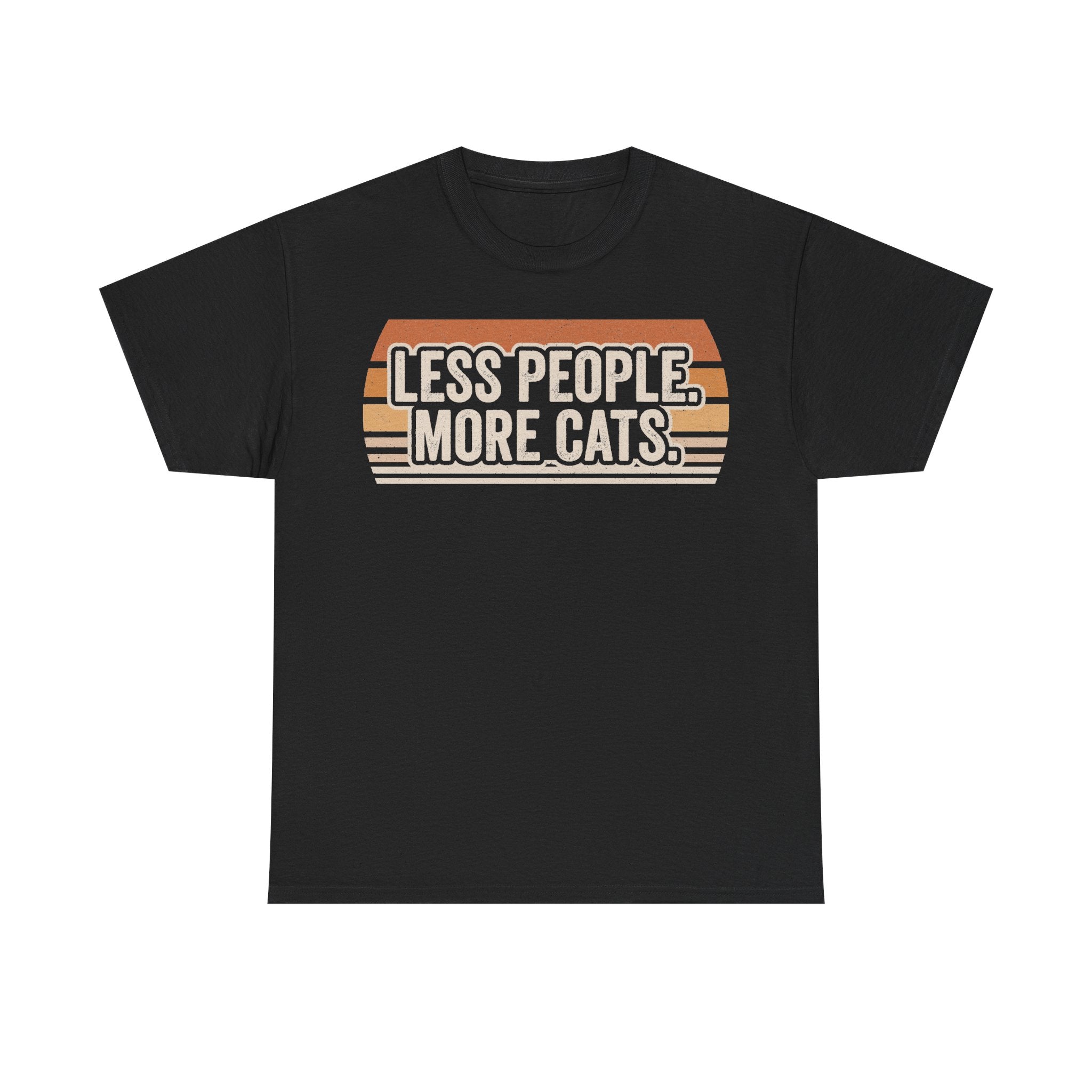 T-shirt, black, featuring a retro orange sunset graphic with bold white typography LESS PEOPLE. MORE CATS.