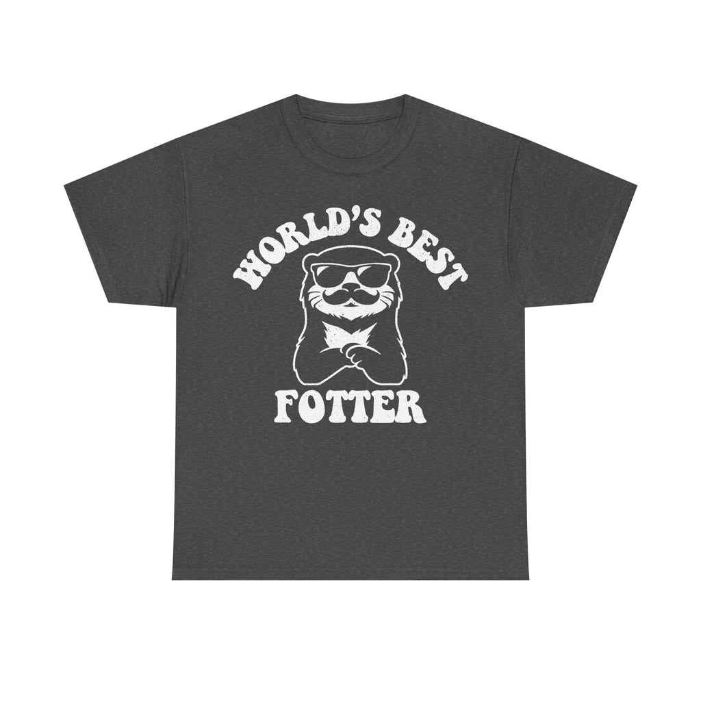 T-shirt with white circular otter-with-sunglasses graphic on dark gray fabric