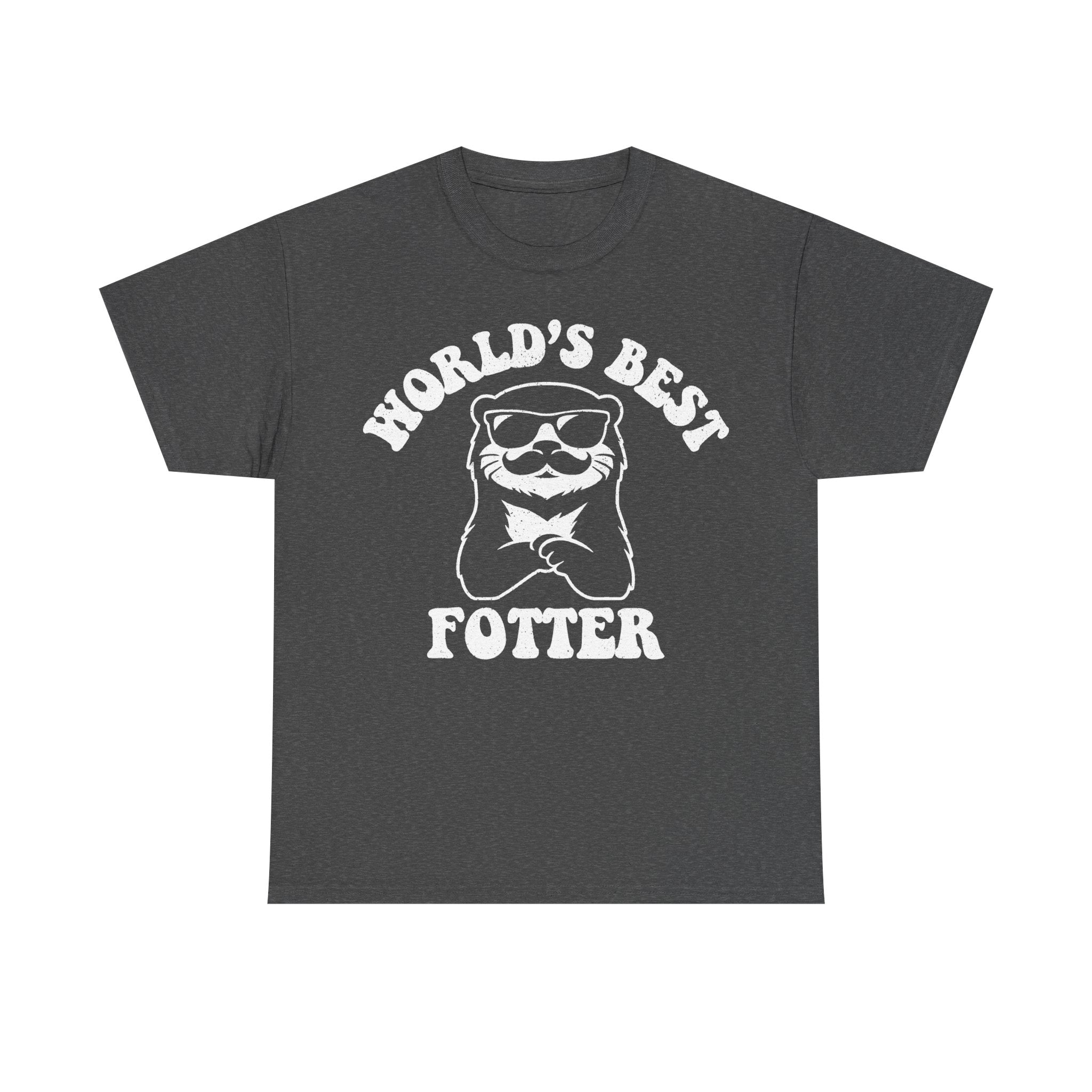T-shirt with white circular otter-with-sunglasses graphic on dark gray fabric